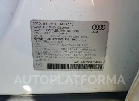 AUDI Q5 PREMIUM 2016 vin WA1L2AFP3GA104630 from auto auction Copart