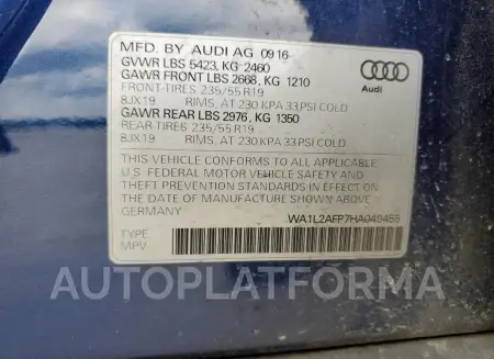 AUDI Q5 PREMIUM 2017 vin WA1L2AFP7HA049455 from auto auction Copart