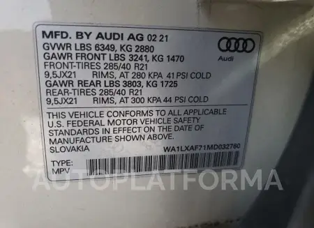 AUDI Q7 PREMIUM 2021 vin WA1LXAF71MD032760 from auto auction Copart