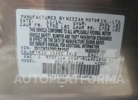 NISSAN VERSA S 2015 vin 3N1CN7AP0FL881042 from auto auction Copart