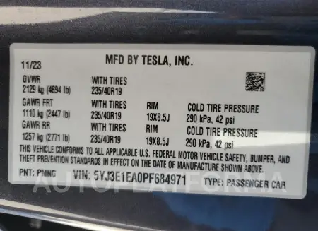 TESLA MODEL 3 2023 vin 5YJ3E1EA0PF684971 from auto auction Copart