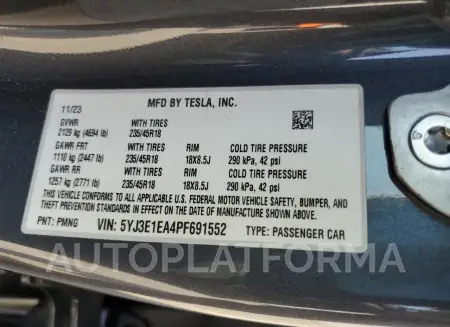 TESLA MODEL 3 2023 vin 5YJ3E1EA4PF691552 from auto auction Copart