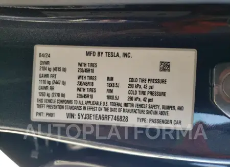 TESLA MODEL 3 2024 vin 5YJ3E1EA6RF746828 from auto auction Copart