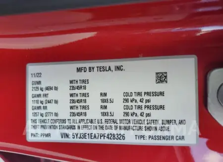 TESLA MODEL 3 2023 vin 5YJ3E1EA7PF428326 from auto auction Copart