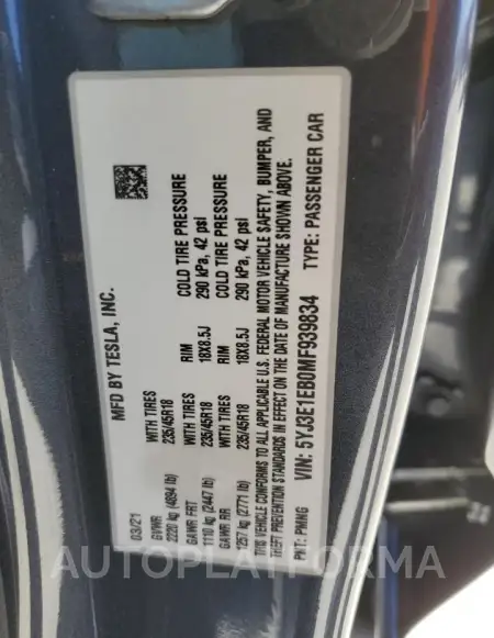 TESLA MODEL 3 2021 vin 5YJ3E1EB0MF939834 from auto auction Copart