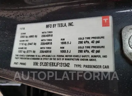 TESLA MODEL 3 2018 vin 5YJ3E1EBXJF131342 from auto auction Copart