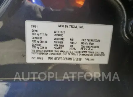 TESLA MODEL Y 2021 vin 5YJYGDEE0MF276809 from auto auction Copart