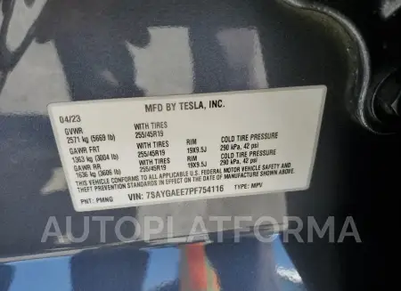 TESLA MODEL Y 2023 vin 7SAYGAEE7PF754116 from auto auction Copart