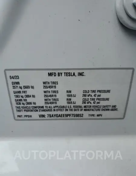 TESLA MODEL Y 2023 vin 7SAYGAEE9PF759852 from auto auction Copart