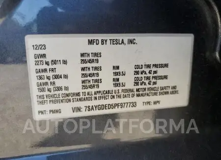 TESLA MODEL Y 2023 vin 7SAYGDED5PF977733 from auto auction Copart