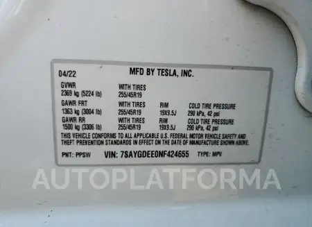 TESLA MODEL Y 2022 vin 7SAYGDEE0NF424655 from auto auction Copart