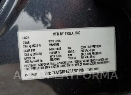 TESLA MODEL Y 2024 vin 7SAYGDEE2RA281808 from auto auction Copart