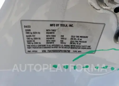 TESLA MODEL Y 2023 vin 7SAYGDEE5PA106790 from auto auction Copart