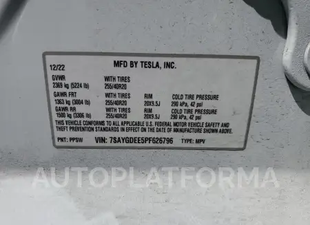 TESLA MODEL Y 2023 vin 7SAYGDEE5PF626796 from auto auction Copart