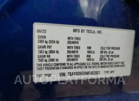 TESLA MODEL Y 2022 vin 7SAYGDEE8NF463901 from auto auction Copart