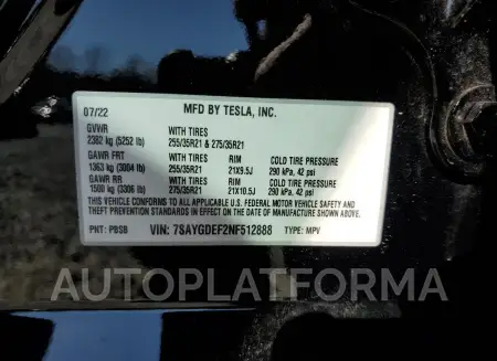 TESLA MODEL Y 2022 vin 7SAYGDEF2NF512888 from auto auction Copart