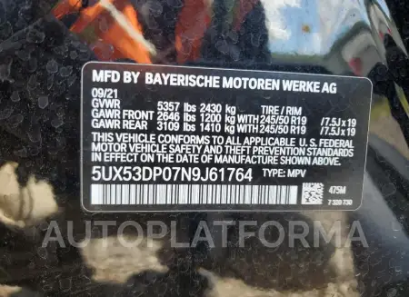 BMW X3 XDRIVE3 2022 vin 5UX53DP07N9J61764 from auto auction Copart