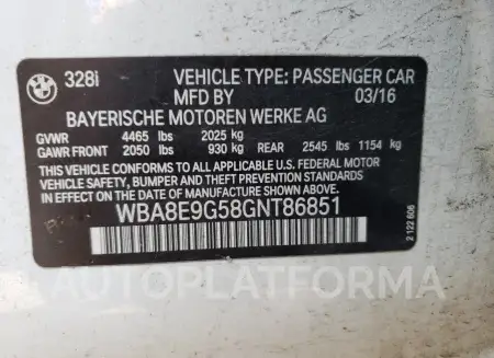 BMW 328 I SULE 2016 vin WBA8E9G58GNT86851 from auto auction Copart