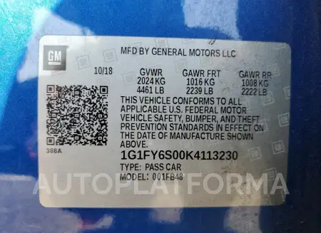 CHEVROLET BOLT EV LT 2019 vin 1G1FY6S00K4113230 from auto auction Copart