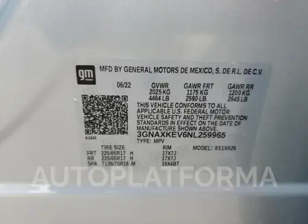 CHEVROLET EQUINOX LT 2022 vin 3GNAXKEV6NL259965 from auto auction Copart