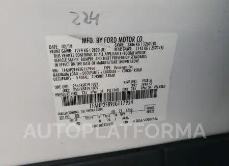 FORD TAURUS LIM 2018 vin 1FAHP2F89JG117954 from auto auction Copart