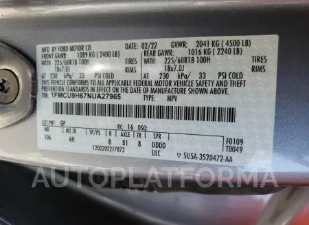 FORD ESCAPE SEL 2022 vin 1FMCU9H67NUA27965 from auto auction Copart