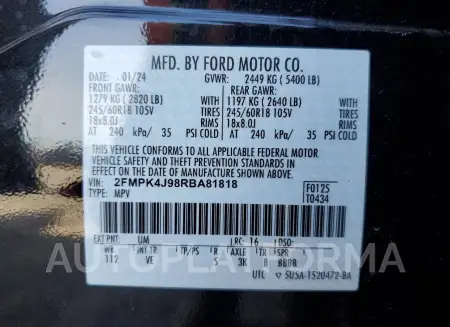 FORD EDGE SEL 2024 vin 2FMPK4J98RBA81818 from auto auction Copart