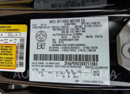 FORD FUSION SE 2019 vin 3FA6P0HD3KR211084 from auto auction Copart