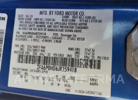 FORD FUSION SE 2018 vin 3FA6P0HD6JR259418 from auto auction Copart