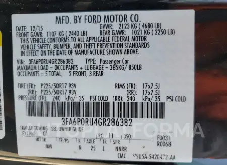 FORD FUSION TIT 2016 vin 3FA6P0RU4GR286382 from auto auction Copart