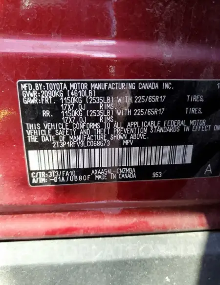 TOYOTA RAV4 XLE 2020 vin 2T3P1RFV9LC068673 from auto auction Copart