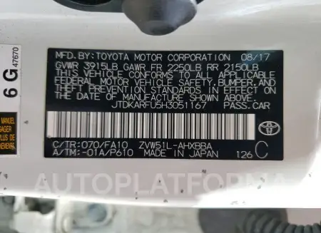 TOYOTA PRIUS 2017 vin JTDKARFU5H3051167 from auto auction Copart