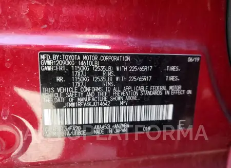 TOYOTA RAV4 XLE 2019 vin JTMW1RFV4KJ014642 from auto auction Copart