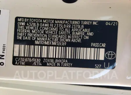 TOYOTA C-HR XLE 2021 vin NMTKHMBX1MR126369 from auto auction Copart