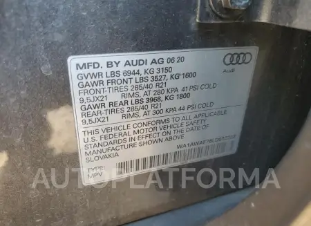 AUDI SQ7 PREMIU 2020 vin WA1AWAF76LD012223 from auto auction Copart