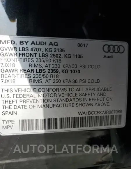 AUDI Q3 PREMIUM 2018 vin WA1BCCFS7JR007089 from auto auction Copart