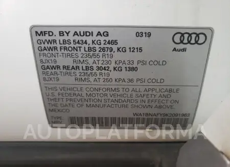 AUDI Q5 PREMIUM 2019 vin WA1BNAFY9K2091963 from auto auction Copart