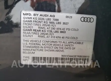 AUDI Q8 E-TRON 2024 vin WA1CAAGE7RB035910 from auto auction Copart