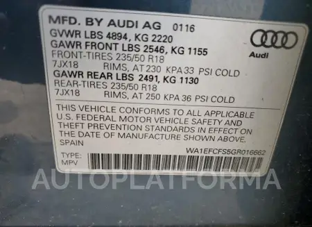 AUDI Q3 PREMIUM 2016 vin WA1EFCFS5GR016662 from auto auction Copart