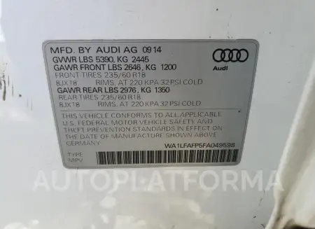 AUDI Q5 2015 vin WA1LFAFP5FA049598 from auto auction Copart