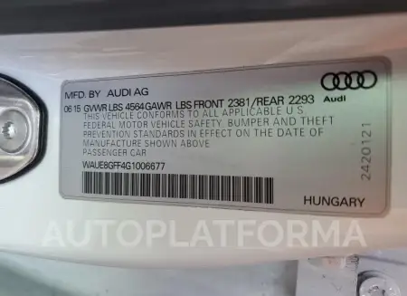 AUDI A3 PREMIUM 2016 vin WAUE8GFF4G1006677 from auto auction Copart