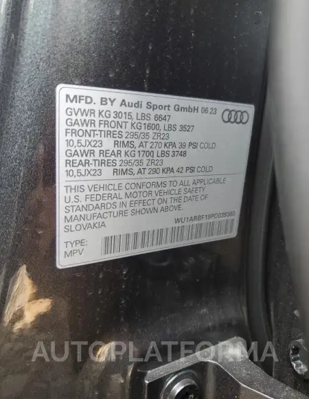 AUDI RS Q8 2023 vin WU1ARBF19PD039360 from auto auction Copart