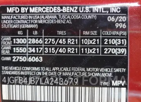 MERCEDES-BENZ GLE 350 2020 vin 4JGFB4JB7LA243679 from auto auction Copart