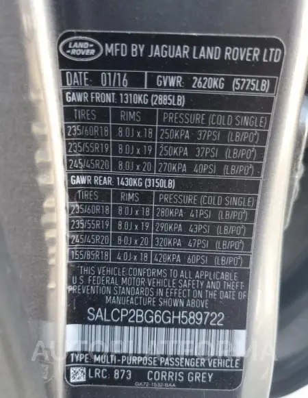 LAND ROVER DISCOVERY 2016 vin SALCP2BG6GH589722 from auto auction Copart