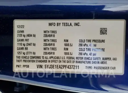 TESLA MODEL 3 2023 vin 5YJ3E1EA2PF437211 from auto auction Copart