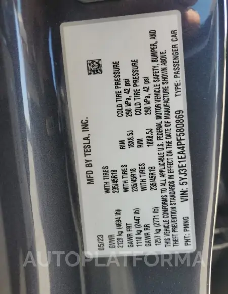 TESLA MODEL 3 2023 vin 5YJ3E1EA4PF580869 from auto auction Copart