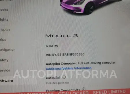 TESLA MODEL 3 2022 vin 5YJ3E1EA8NF376380 from auto auction Copart