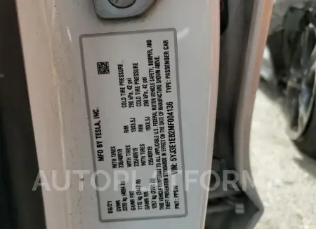 TESLA MODEL 3 2021 vin 5YJ3E1EB2MF004136 from auto auction Copart