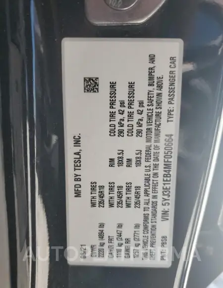 TESLA MODEL 3 2021 vin 5YJ3E1EB4MF050664 from auto auction Copart