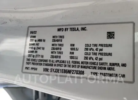 TESLA MODEL 3 2022 vin 5YJ3E1EB6NF270308 from auto auction Copart